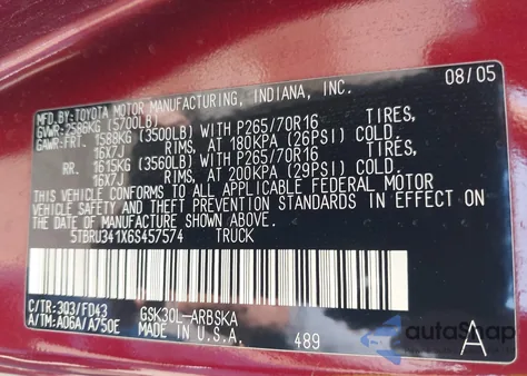 2006 Toyota Tundra Sr5 z USA, uszkodzony, nr VIN 5TBRU341X6S457574